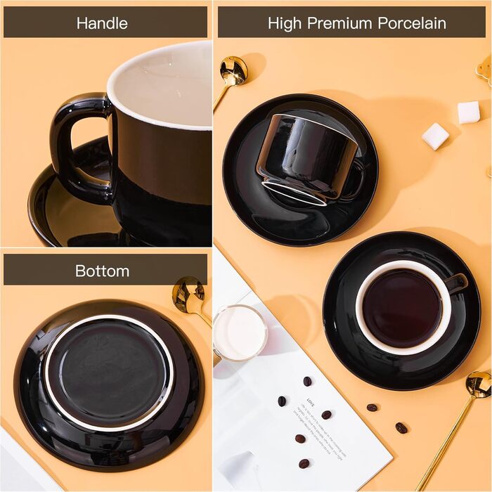 Набір кавових чашок і блюдець з ложками, 4 шт., 220 мл, кераміка, чорний колір. Чашки капучіно для чаю та еспресо