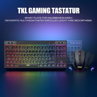 Бездротовий комплект клавіатури та миші RedThunder 75% QWERTZ RGB з підсвічуванням, для ПК Xbox PS5, чорний. Підтримка мультимедійних функцій та оптичний сенсор 7D.