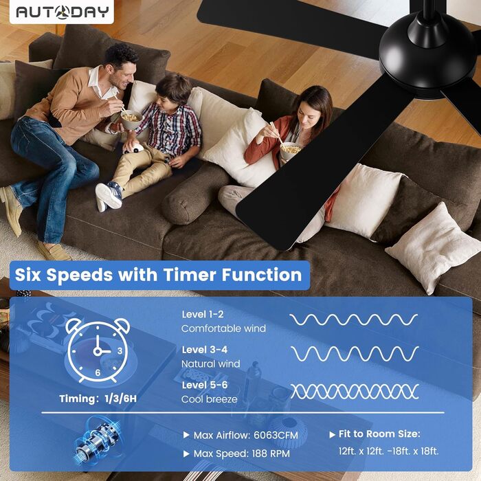 Дерев'яний стельовий вентилятор з підсвічуванням, LED 24W, тихий DC-двигун 38W, 132 см, з пультом дистанційного керування, 6 швидкостей, таймер, (Чорний)