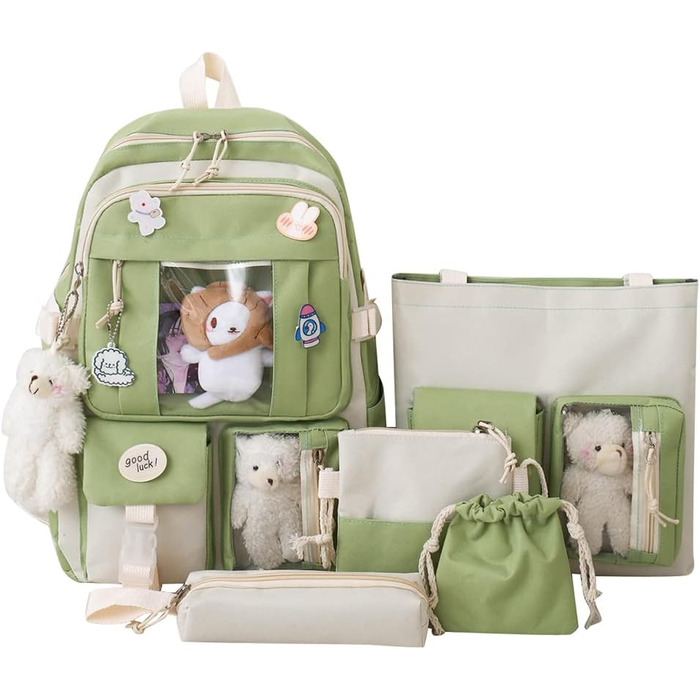 Японський рюкзак Kawaii з милим аксесуаром, набір 5 шт. Великий рюкзак Harajuku з брезенту, модний рюкзак для школи, коледжу, подорожей, з нашивкою (Зелений)