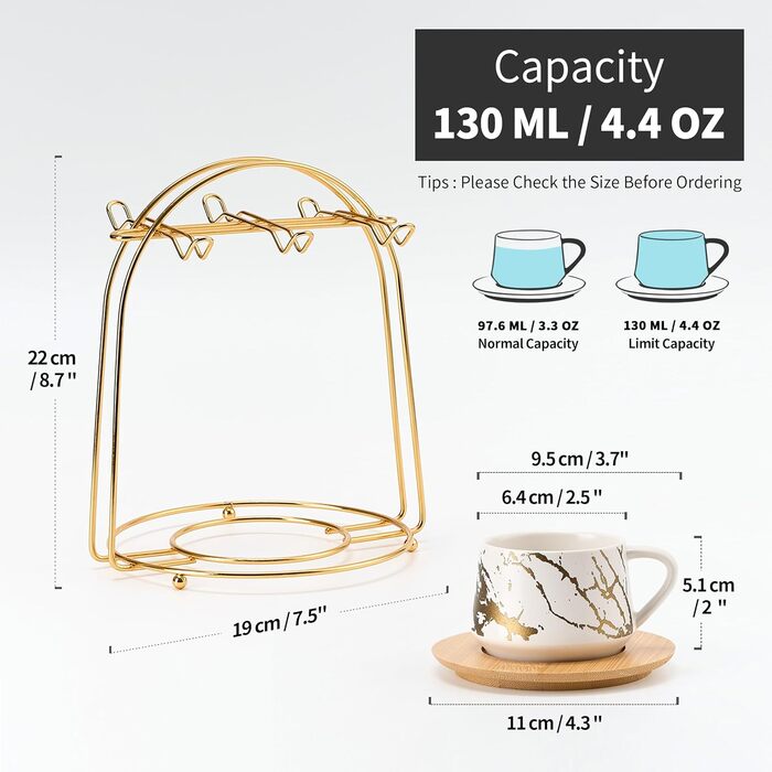 Керамічні чашки для кави та чаю з дерев'яними підставками та металевим стійком (6 шт., 130 мл) - Elegantes Option 2