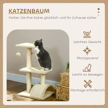 PawHut Дряпка для котів 72 см, котячий комплекс з плюшевими кульками, сизалевими стовпами, платформою, дряпалкою, багатоярусна котяча дряпка, кігтеточка, для середніх котів, кремово-білий | Aosom