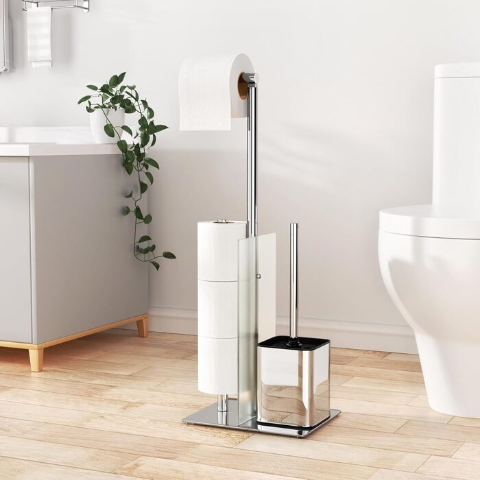 Stainless Steel Toilet Paper Holder Stand with WC Brush - Free Standing Toilet Brush and Toilet Paper Roll Holder with Glass Shelf (Silver)