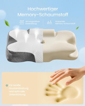 Подушка SONGMICS ергономічна з Memory Foam, висота регулюється, для сну на боці, спині та животі, колір: білий + сірий, поліестер