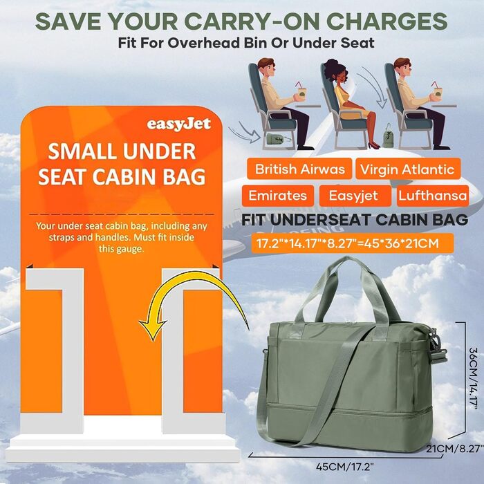 Спортивна сумка для подорожей Easyjet 45x36x20, водонепроникна, з відділенням для взуття, для фітнесу, подорожей та лікарні (L2-Зелений, A04-Армійський зелений)