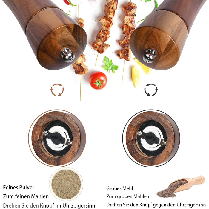 Set of 2 pepper mills made of good wood, salt and pepper mill set, 21 cm length, allows adjustment of the pepper grind, spice grinder with stainless steel core.