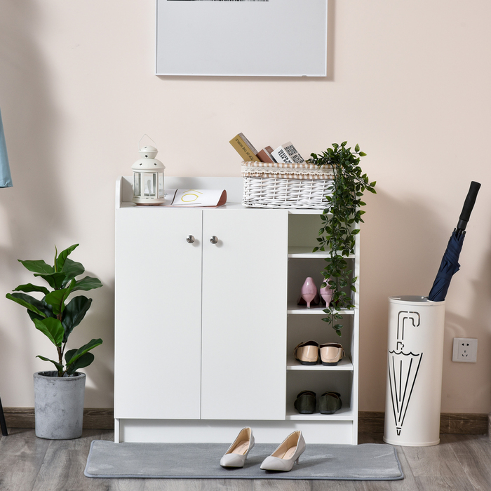 HOMCOM Shoe Cabinet Shoe Rack Chest of Drawers with 2 Doors and 4 Compartments for Entryway in White 83x30x90cm, Space-Saving & Modern