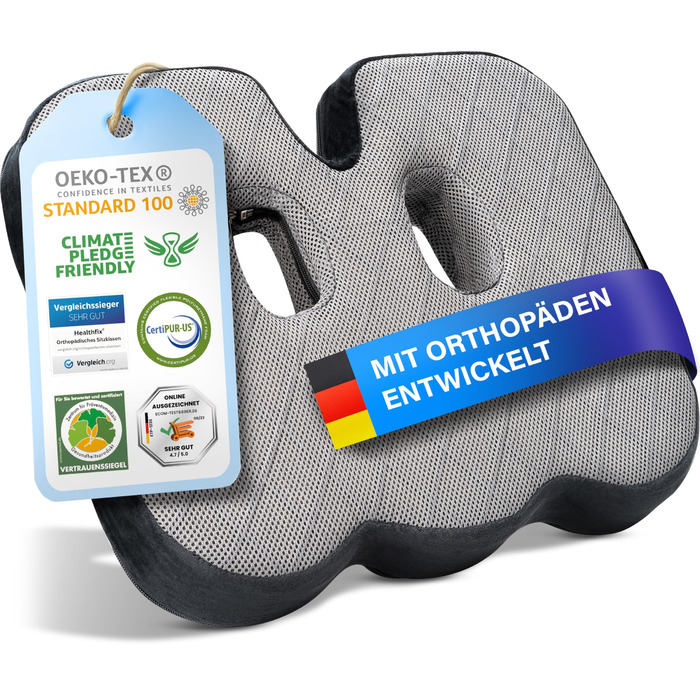 Ортопедична подушка для сидіння Healthfix® для офісу, авто та ін. З Memory Foam для комфортного сидіння та підтримки попереку. Полегшує біль та підвищує комфорт. Подушка для сидіння з Memory Foam, середній розмір (70-90 кг)