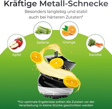KLAMER Slow Juicer Vegetables and Fruit, Juicer with Reverse Function, Electric Fruit Press with Brush and 2 Containers, Sleek Design, Black