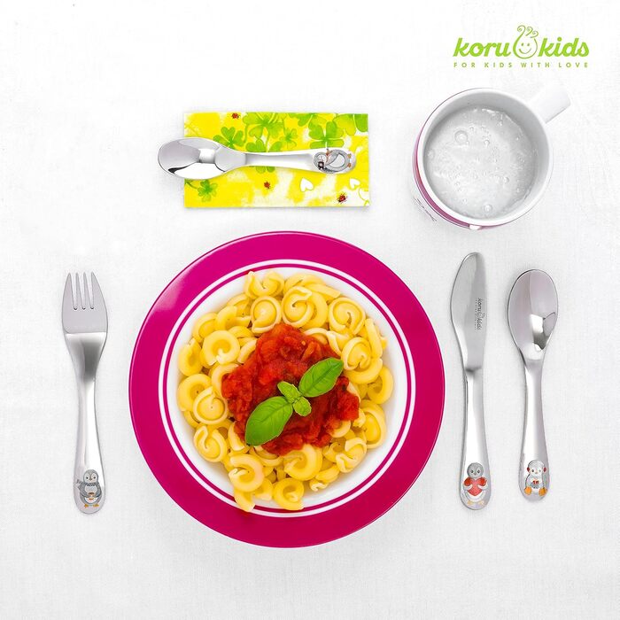 Набір дитячого столового прибору Koru Kids® Kinderbesteck Pinguin (4 шт.) з нержавіючої сталі – столовий прилад для навчання дітей, придатний для миття в посудомийній машині