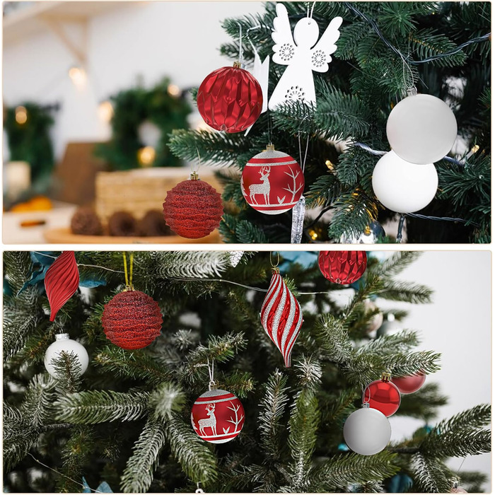 Набір 108 шт. новорічних кулічок Aufun Premium: пластик, верхівка, зірка, безпечні прикраси, багаторазові, кольори: шампань, червоний, срібний