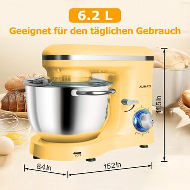 Кухонна машина AUMATE 1400 Вт, планетарний міксер з чашею 6,2 л, тістоміс з набором насадок (гак, вінчик, міксер), 6 швидкостей, лимонний колір