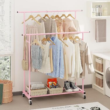 Мобильна вішалка для одягу Calmootey з подвійною перекладиною, біла (рожева)