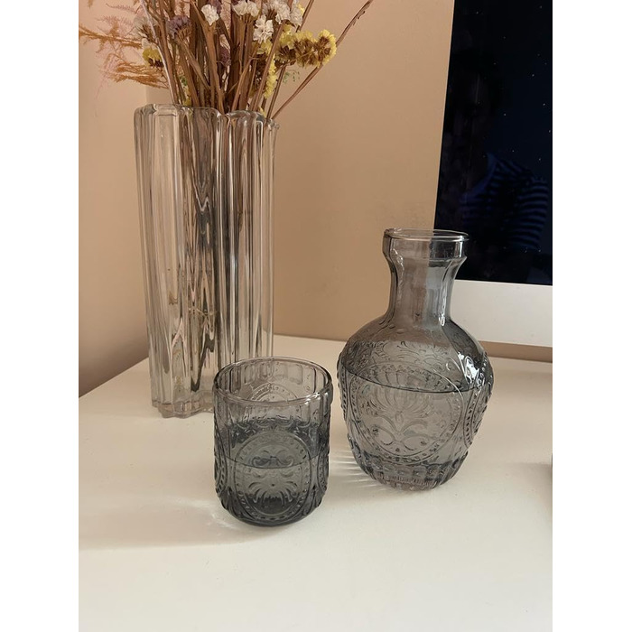 Curator Home Vintage Glass Carafe with Lid & Matching Drinking Glass – 750 ml Capacity – Elegant Glass Jug for Water, Juice, or Wine – Stylish Home Decor for Kitchen or Dining Room (gray)