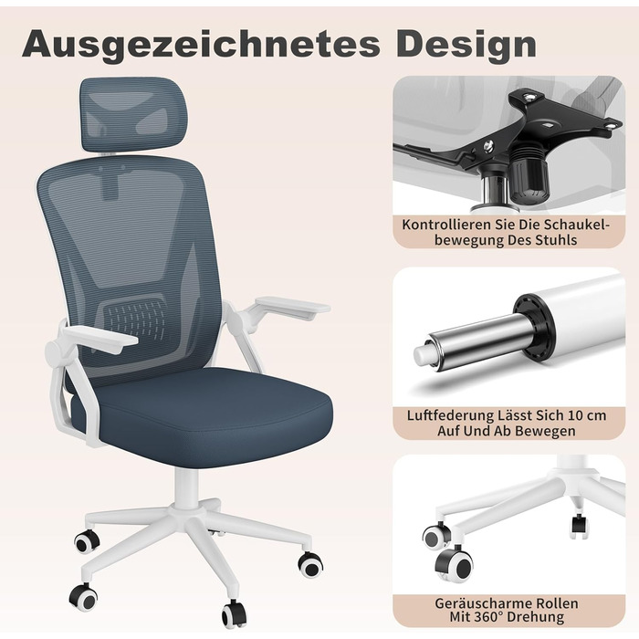 Офісний стіл Naspiro, ергономічне крісло з сітчастою спинкою, підтримка попереку, м'яке сидіння, регульована висота, для дому та офісу, сірий (темно-сірий, з підголовником)