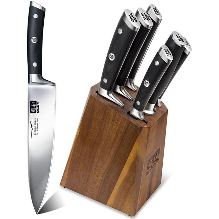 Набір ножів SHAN ZU (7 предметів) з блоком: кухонні ножі, ніж Сантоку 18 см, нержавіюча сталь, ергономічна ручка, подарункова упаковка