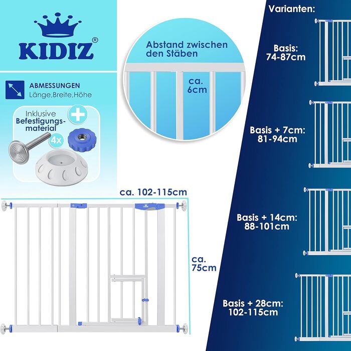 Захисне ворота KIDIZ для дітей з люком для котів, без свердління | Захист від падіння, поворотне, біле | Ширина: 102-115 см, блакитне