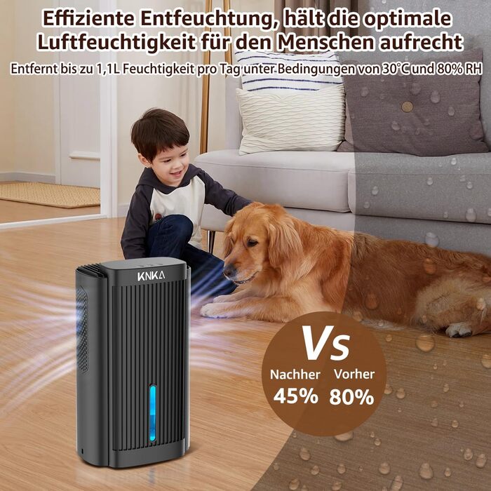 Електричний осушувач повітря KNKA, 1.1 л, для дому, ванної кімнати, підвалу, тихий (28 дБ), з автовимкненням та нічним режимом, кольорове підсвічування (білий), колір: чорний