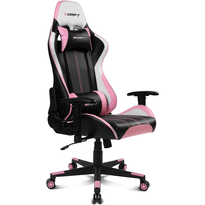 Геймерське крісло DRIFT DR175PINK: професійне, чорно-рожеве, зі штучної шкіри, з регульованими підлокітниками 2D та газліфтом класу 4