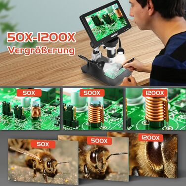 Цифровий мікроскоп WADEO USB HD з зумом 50x-1600x, портативна інспекційна камера з 8 LED, сумісний з iOS, Android та планшетами (7 дюймів)