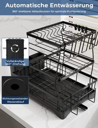 Сушарка для посуду Yissvic з нержавіючої сталі, 3-рівнева, з піддоном, тримачем для ножів та дощечкою для нарізання, поворотним виливом, чорна