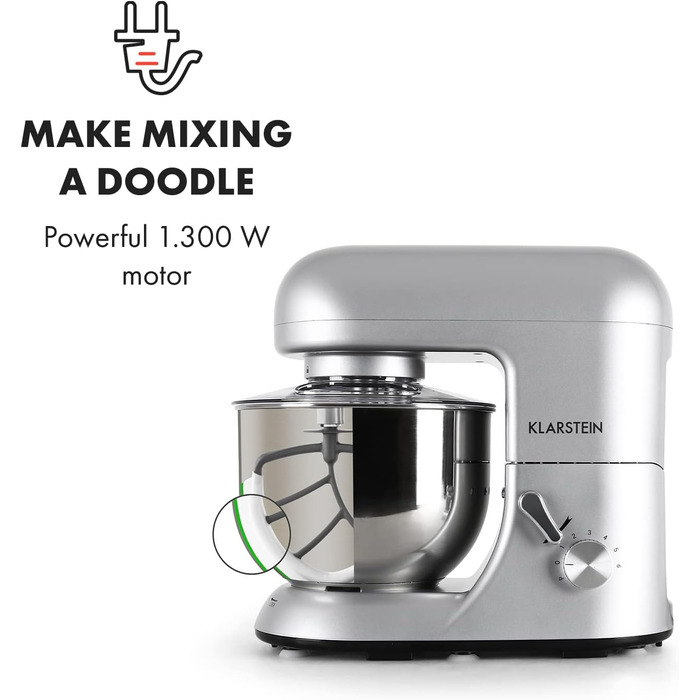 Klarstein 5L Stainless Steel Stand Mixer - 2000W Kitchen Machine with Dough Hook & Whisk - 6 Speed Universal Mixer for Baking & Cooking