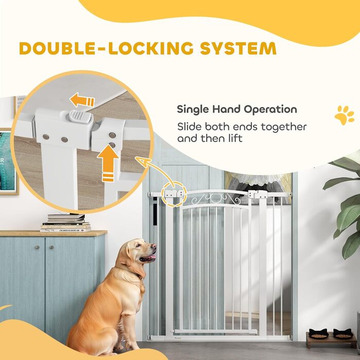PawHut Бар'єр для собак, ворота з регульованою шириною 76-104 см, захисний ґрат для собак з 2 розширеннями, подвійний замок та маленькі дверцята для сходів та дверей, білий