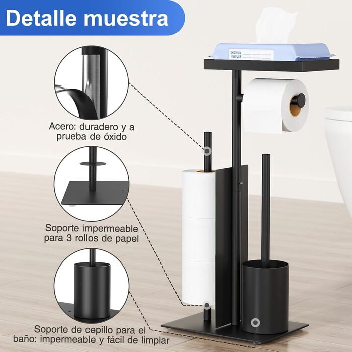 Тримач туалетного паперу з щіткою для унітазу, чорний матовий (з контейнером для серветок та скляною полицею)