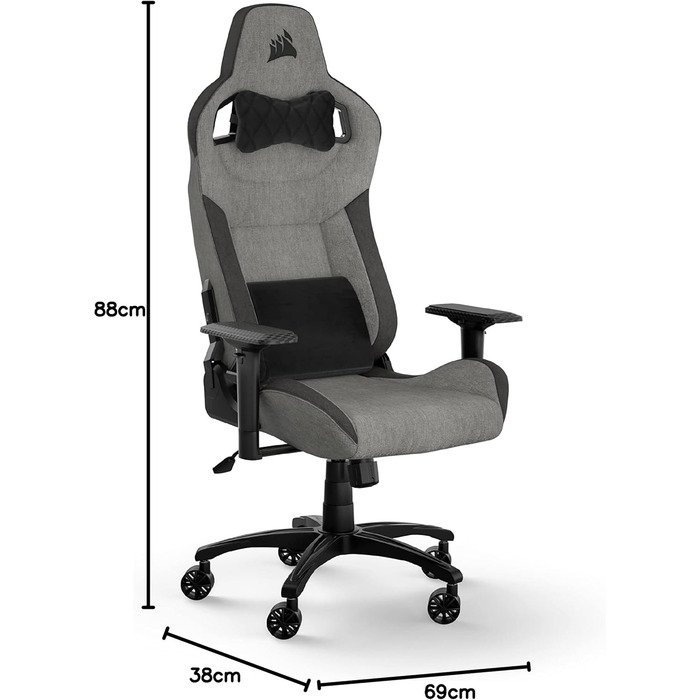 Ігрове крісло Corsair T3 RUSH Fabric 2023, автомобільний стиль, тканинне покриття, подушка для шиї, ортопедична підтримка попереку, сіре та антрацитове