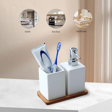 Bathroom Accessories, 3-in-1 Bathroom Set, Soap Dispenser, Ceramic Toothbrush Holder, and Bamboo Tray, Ceramic Material, White, for Bathroom, Sink, Bathtub, Reusable Shampoo