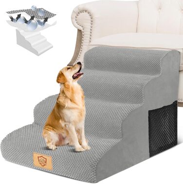 4-Step Dog Stairs, 50cm High Sponge Pet Stairs for Dogs and Cats, Non-Slip Pet Ladder Cat Stairs with Washable Cover for Sofa Bed, Grey