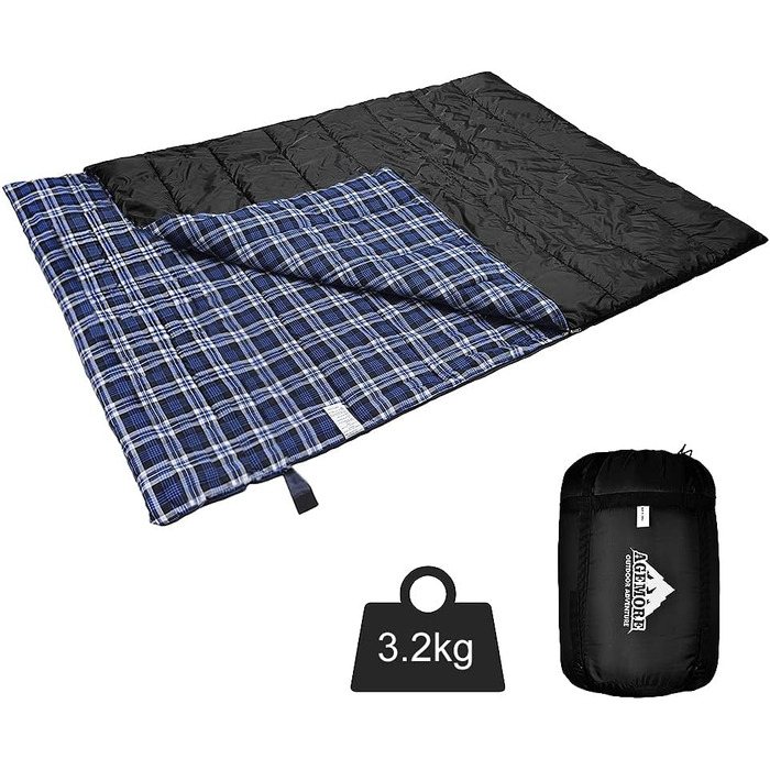 Cotton Flannel Double Sleeping Bag for Camping, Hiking, and Backpacking - Queen Size 2 Person Waterproof Sleeping Bag for Adults & Teens - Lightweight Black/Blue