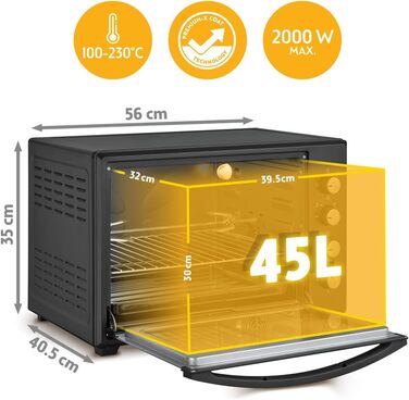 Міні-піч TZS First Austria 45L з регулюванням температури до 230°C, таймером, грилем та поворотним шампуром. Антипригарне покриття, 4 рівня, деко та решітка.