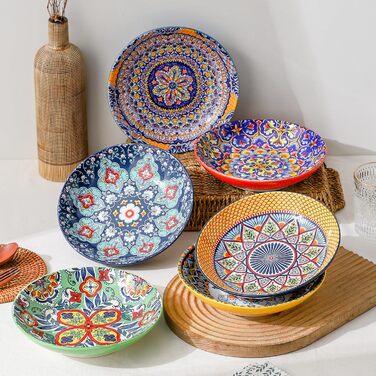 HENXFEN Набір супових тарілок з порцеляни, 700мл, 6 шт. Яскраві тарілки для супу, пасти, салату, фруктів - Богемний стиль