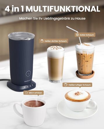 Електричний спінювач молока SIMPLETASTE 4-в-1: гарячий та холодний спінений молочний напій, підігрів молока, приготування какао, антипригарне покриття, автоматичне вимкнення, тиха робота, BPA-free, для капучино та лате з насадкою для збивання
