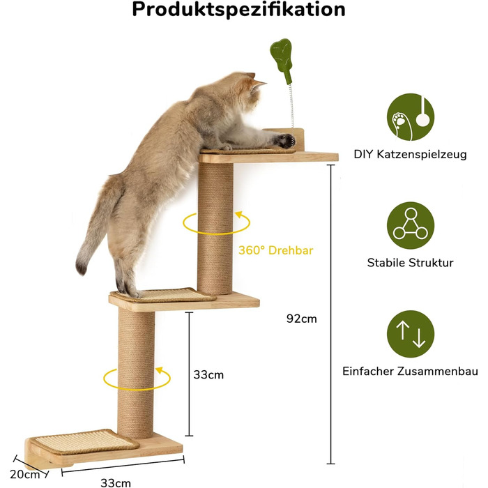 Cat Climbing Wall, Cat Shelves made of Solid Rubberwood and Jute, 3-in-1 Transformable Cat Scratching Post Wall Mounted, DIY Cat Wall/Platform, Suitable for Cats to Climb, Play, and Scratch