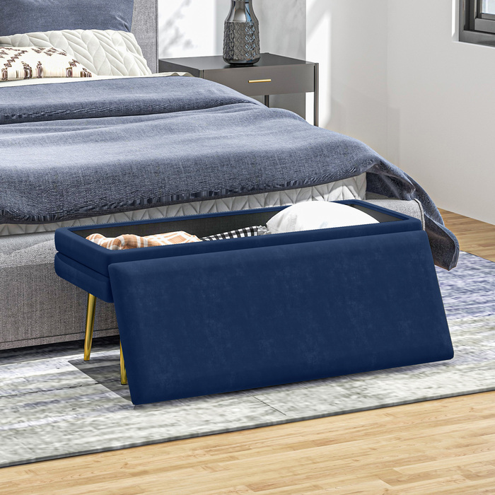 HOMCOM Bench, Upholstered Bench with Storage, Velvet-Look, Bed Bench with Steel Legs, Shoe Bench, Storage Bench for Living Room, Bedroom, Blue, 79.5 x 37.5 x 43 cm | Aosom