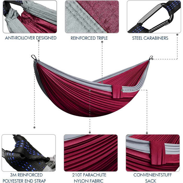 Гніздо-гамак для відпочинку на відкритому повітрі: двомісний, 300 x 200 см, ультралегкий, 300 кг, нейлон, дихаючий, для кемпінгу, відпочинку в саду та на пляжі (Бургунді)
