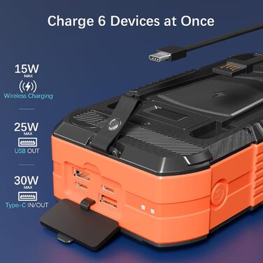 Портативний зарядний пристрій 70000mAh з сонячною панеллю: Power Bank з PD 30W, бездротова зарядка, 6 виходів USB, ліхтарик, компас, ручка для підзарядки, для кемпінгу та активного відпочинку, помаранчевий