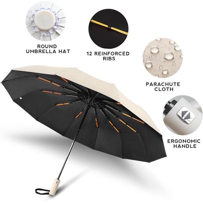 Складаний туристичний парасолька, вітростійка, автоматичне відкриття/закриття, 24 посилені ребра з фібергласу, захист від УФ-променів, легка та портативна, для дощу та сонячної погоди, білий колір