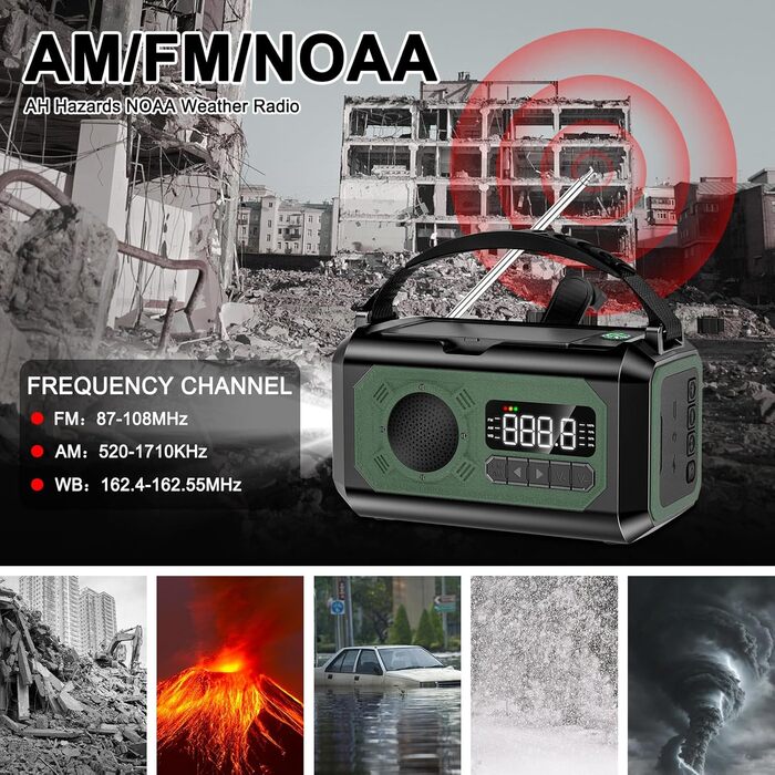 Радіо на сонячних батареях з ручним заводом 12000 mAh, AM/FM/NOAA, ліхтарик, SOS, Power Bank, зелений – для дому та подорожей