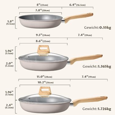 Набір сковорідок Induktion 5-ти частинний, діаметр 20, 24, 28 см, керамічне покриття, антипригарні, з бакелітовими ручками, підходить для всіх типів плит, без PTFE, PFAS, PFOA