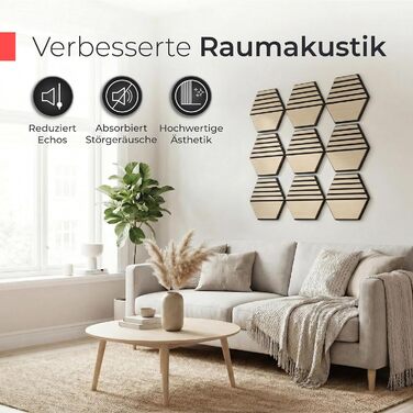 Акустичні панелі з натурального дерева горіх, самоклеючі 3D гексагони для шумоізоляції стін (набір 9 шт, 30x26 см, чорний фетр)