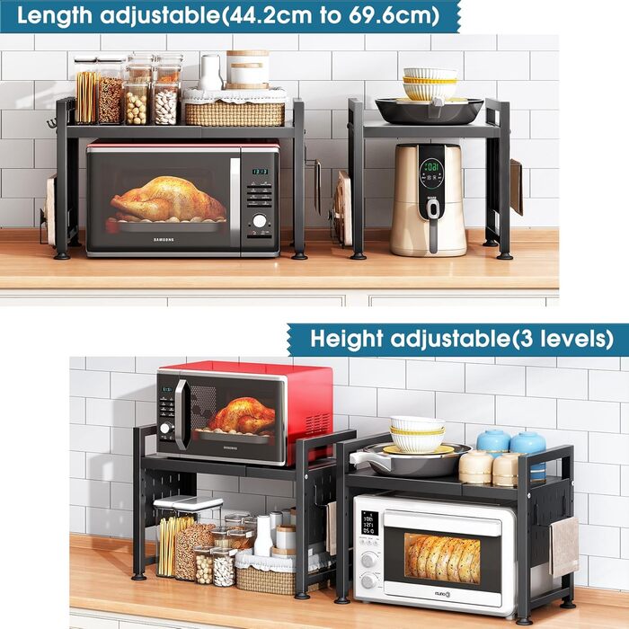 Стійка для мікрохвильової печі SAYZH, 2-рівнева розширювана, з 10 гачками, чорна