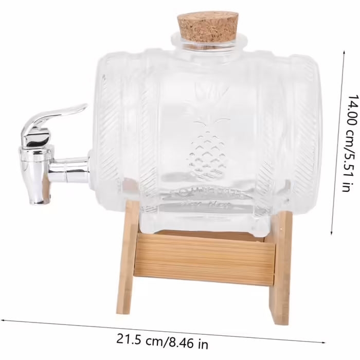 1-liter glass bottle, wine barrel, carafe, sealed beverage barrel, drink container for parties, alcohol drink container, drinking barrel, glass drink dispenser, wooden barrel.