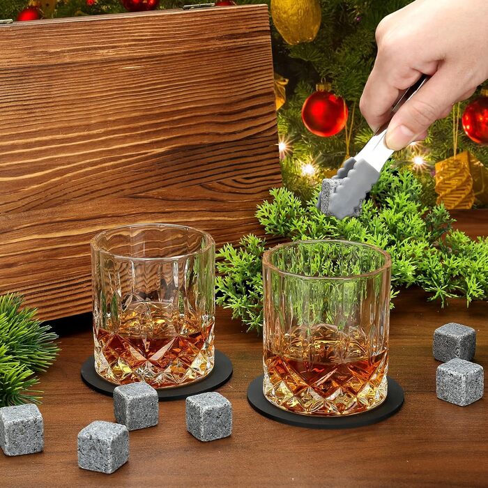 Склянки для віскі з гранітними кубиками, набір 2 шт, 310 мл, дерев'яна подарункова коробка