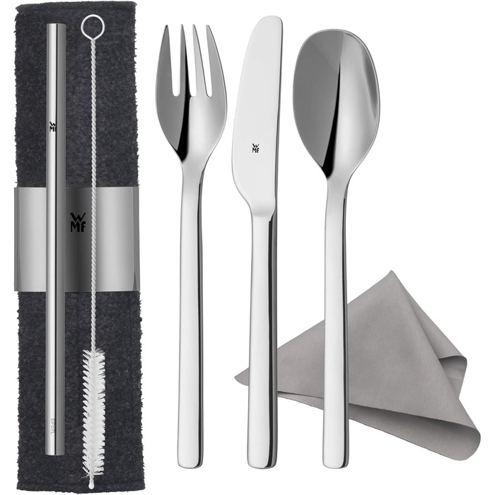 WMF my2Go Stainless Steel Cutlery Set, 8-Piece, Outdoor Travel Cutlery Set for 1 Person, Camping Cutlery with Case, Hiking Cutlery Environmentally Friendly, Straw, Cleaning Brush, Camping Accessories Gift