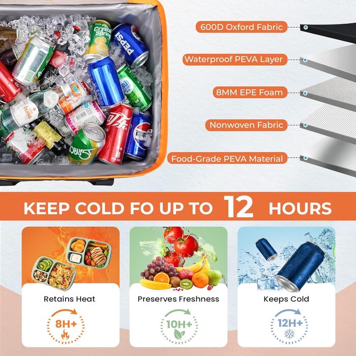 Сумка-холодильник INSMEER 50 л, 80 банок, сіра - для пікніка, кемпінгу, пляжу