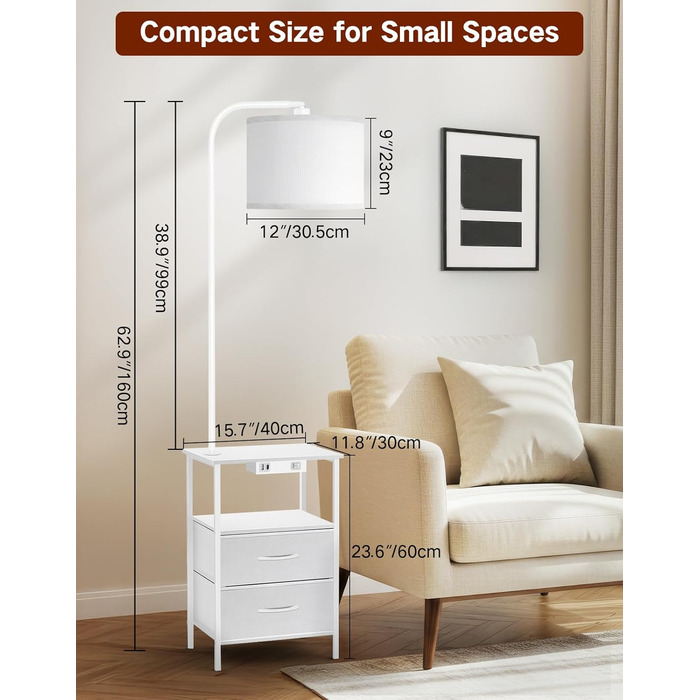 Стійка лампа для вітальні з поличкою та столиком, диммування LED, пульт керування, 3 колірні температури, приліжний столик з підзарядкою, дерев'яний столик для спальні/офісу (білий з шухлядами)