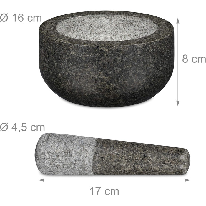 Гранітний ступка з пестиком Relaxdays - для спецій та трав, Ø 16 см, 400 мл, сірий